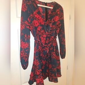 Floral Wrap Dress in Red and Navy Blue
